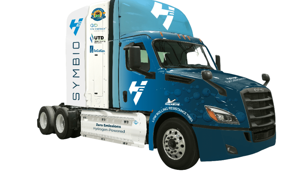 Freightliner Cascadia truck with Symbio hydrogen fuel cell.