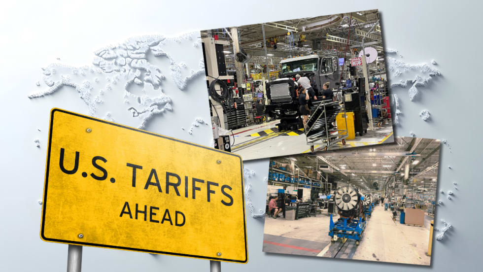 Illustration of tariffs with photos of truck manufacturing and a "US Tariffs Ahead" sign
