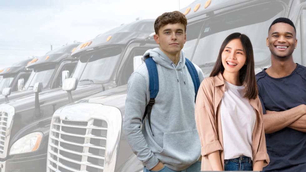 A group of diverse young people in front of a line of heavy-duty trucks.