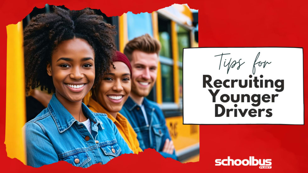 An image of a diverse group engaged in a dynamic recruitment campaign targeting Millennials and Gen Z to become school bus drivers, featuring three individuals confidently looking at the camera.