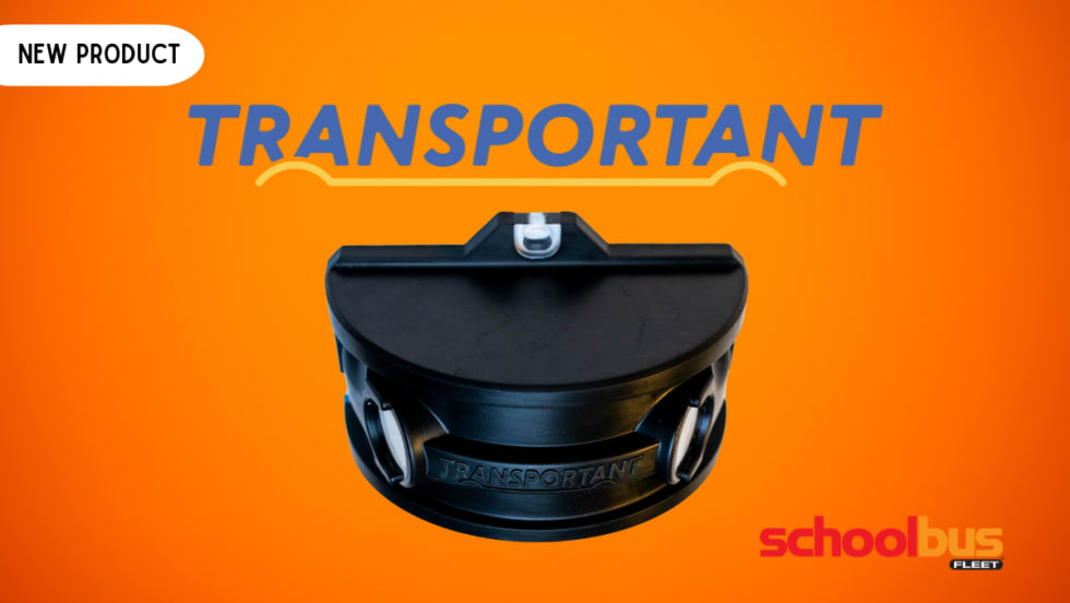 Transportant stop arm camera shown on an orange “new product” graphic with School Bus Fleet branding.