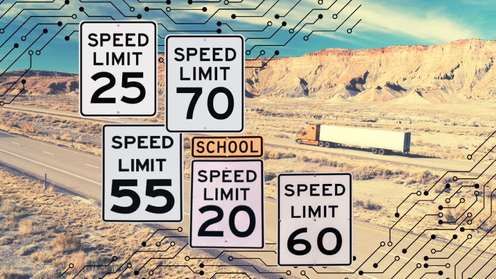 Illustration of speed limit signs with truck on highway in background