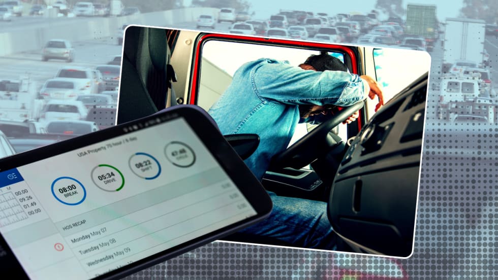 Illustration of tired truck driver, electronic logging device, and traffic congestion