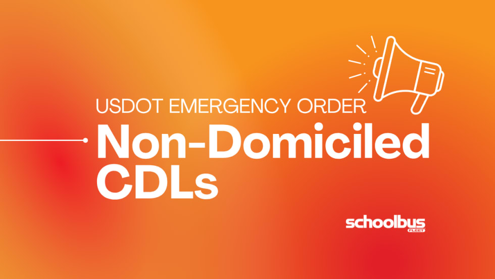 An orange and red graphic with white text reading "USDOT Emergency Order, Non-Domiciled CDLs."