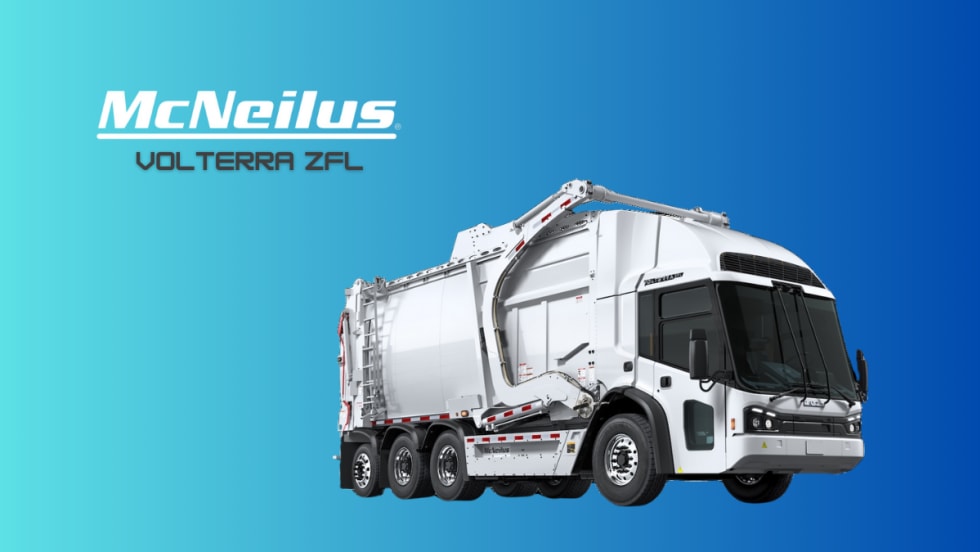 A white McNeilus Volterra ZFL electric front loader is shown against a blue background.