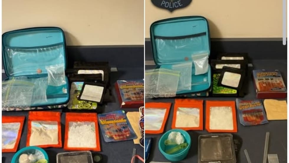 Westbrook Police evidence display with seized substances and police department logo