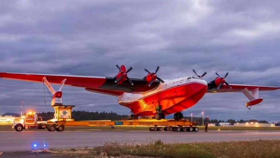 Western Star truck hauling a World War II Martin Mars bomber.