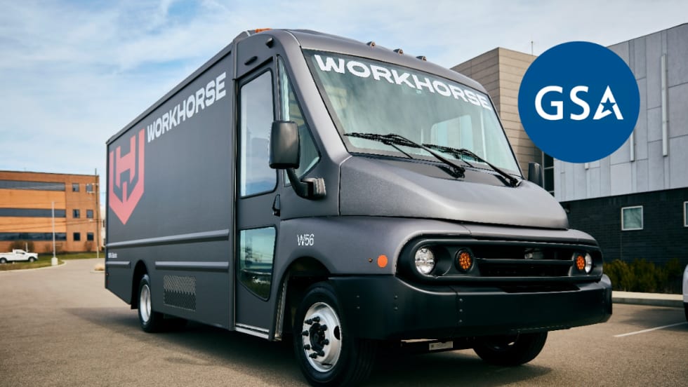 A dark gray Workhorse step van is shown.