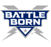 Battle Born logo featuring bold white text on a blue shield with gray borders, lightning bolts on each side, and a gray star at the bottom