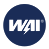 White geometric WAI logotype on navy circle with lightning-bolt A; bold, modern, high-contrast.