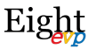 This image features a creative logo design on white background for 'Eight EVP', showcasing a blend of typography and color. The word "Eight" is a black serif found in center of logo with "evp" in lower case places lower right. Each letter is in primary color.