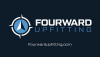 Fourward Upfitting logo featuring a blue and white compass symbol on the left and the words 'FOURWARD UPFITTING' in bold white and blue text on a dark background, with the website 'Fourwardupfitting.com' below.