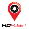 HD Fleet square logo in red and black on white backgound. Upper graphic is a GPS location icon with circular tire image at its center. The HD Fleet name is below in italic format. 