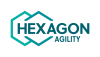 Horizontal logo on transparent background. Blue green gradient color on graphic and text. Two hexagonal shapes frame the first four letters in "Hexagon". The word "Agility" is positioned in a smaller font below. 