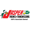 Jasper Engines & Transmissions logo with a cartoon mechanic leaning on a large red 'J', the word 'Jasper' in bold red letters, and a green engine illustration with the word 'GO!' on the right. Below, it reads 'ENGINES & TRANSMISSIONS' in black and '100% Associate Owned' in italic black text.