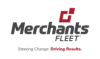 Horizontal logo on transparent background. Merchants Fleet text in gray type in the center. Two connected squares one outlined and one filled in red appear above the "a". Tag line below with "Steering Change" in gray type and "Driving Results" in red..