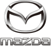 Silver Mazda logo featuring a stylized “M” emblem enclosed in an oval above the word “Mazda” in metallic, chrome-style lettering.
