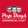 Square Pep Boys logo with red background. Three illustrated faces of Manny, Mo and Jack in black and white at the top. Pep Boys in white italicized script in the middle. "Commercial Fleet" tag in white below.
