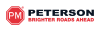 Peterson logo featuring a red octagon with the white letters 'PM' inside, followed by the word 'PETERSON' in bold black text and the tagline 'BRIGHTER ROADS AHEAD' in bold red letters.