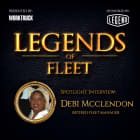 Square promotional graphic for Legends of Fleet featuring retired fleet manager Debi McClendon, with gold “Legends of Fleet” lettering, Work Truck and Legend logos, and a framed portrait on a dark textured background.
