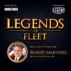 Square promotional graphic for Legends of Fleet featuring a spotlight interview with retired fleet manager Robert Martinez, with gold lettering, Work Truck and Legend logos, and a framed portrait on a dark textured background