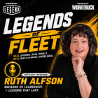 Square podcast cover for Legends of Fleet featuring a professional portrait of fleet industry leader Ruth Alfson on a black and gold background. The cover includes the title "Legends of Fleet," sponsor and Work Truck logos, a microphone icon, and text identifying the episode as a spotlight interview focused on leadership lessons and decades of fleet experience.