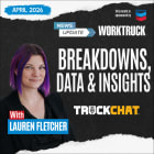Square promotional graphic for Work Truck TruckChat’s April 2026 News Update featuring Lauren Fletcher alongside bold text reading “Breakdowns, Data & Insights,” with Chevron sponsorship branding and a dark textured background.