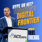 Illustration showing man at podium and "digital frontier: Hype or hit" text