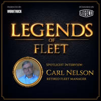 “Legends of Fleet” featuring a dark textured background with gold accents, large metallic gold title text centered, and a framed portrait of Carl Nelson with subtitle identifying him as a retired fleet manager, along with Work Truck and Legend logos at the top.