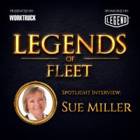 Square promotional graphic for Legends of Fleet featuring a spotlight interview with Sue Miller, with gold “Legends of Fleet” lettering, Work Truck and Legend logos, and a framed portrait on a dark textured background.