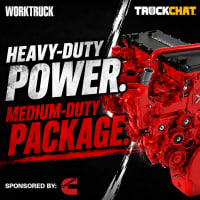 Podcast cover graphic with Work Truck and TruckChat logos, bold text reading “Heavy-Duty Power. Medium-Duty Package.” and a red Cummins X10 engine.