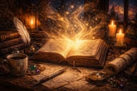 Open glowing book on a wooden table with candles, quill, and maps, with golden light and magical particles rising from its pages in a fantasy-style illustration.