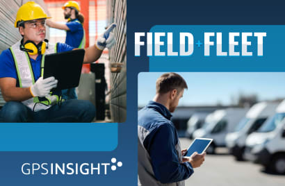 2 techs working on tablets with text overlay of Field+Fleet and GPS Insight