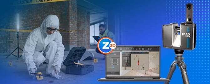 Forensic investigators documenting a crime scene using 3D scanning technology, with Z3D software displayed on a laptop and a FARO 3D scanner on a tripod.