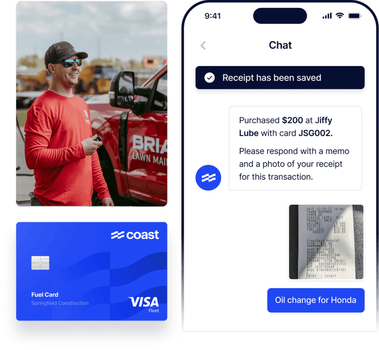 A split-screen image showcasing a man in a red shirt and sunglasses near a red truck with "BRIA LAWN MAIL" written on it on the left, and a mobile phone screen on the right. The phone screen shows a chat notification indicating a $200 purchase at Jiffy Lube with card JSG002, along with a request for a receipt photo. Below, a blue Coast Visa fuel card is visible on the left side, and a receipt for "Oil change for Honda" is displayed on the phone screen.