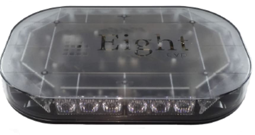 Low-profile oval LED light bar with smoked clear lens and visible multi-LED array - compact, durable vehicle or emergency rooftop warning and work light. The Eight evp logo is etched in the top of lens.