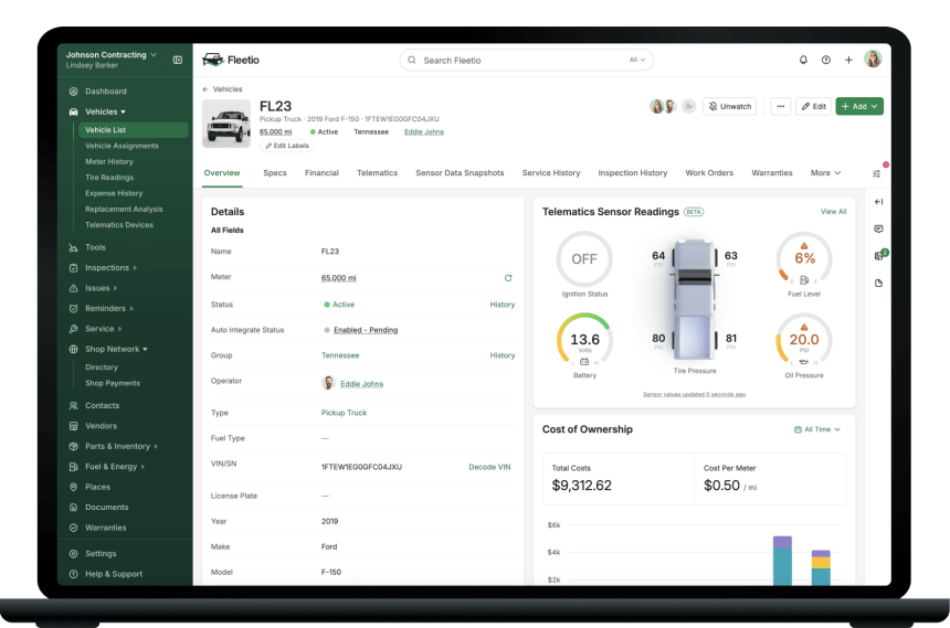 Fleetio app dashboard vehicle detail on a laptop screen, showing vehicle status, cost of ownership, and performance metrics in a clean modern interface.nalytics on a laptop screen, showing vehicle status, cost of ownership, and performance metrics in a clean modern interface.