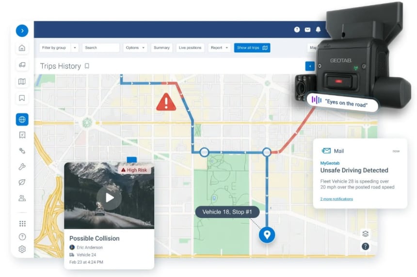 A dashboard displaying trip history on a map with a Geotab vehicle tracking device, including alerts for unsafe driving and a video preview of a "Possible Collision."