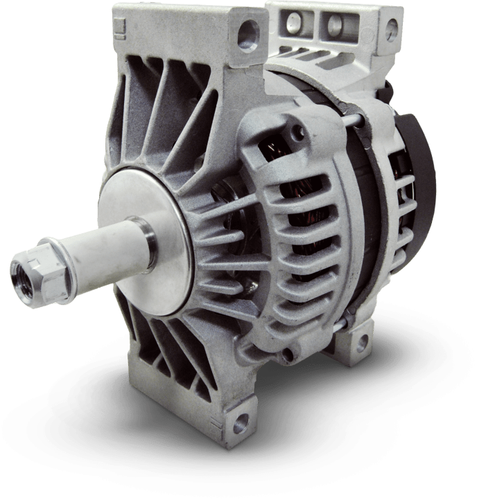 WAI Global high-performance automotive alternator with rugged aluminum housing, cooling fins and exposed pulley shaft—durable replacement for reliable vehicle charging.