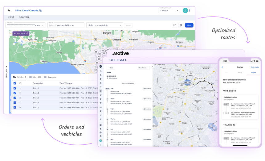 Two screenshots pf the NextBillion.ai route optimization software in a web brower view and mobile device app view. Web page and app are labeled Optimized Route. Web page in front contains a map visual with route text description and has tabs above with Geotab and Motiv logos . Mobile page view contains route schedule overview. Web page in back is labeled orders and vehicle and contains a map for tracking and list view of orders.