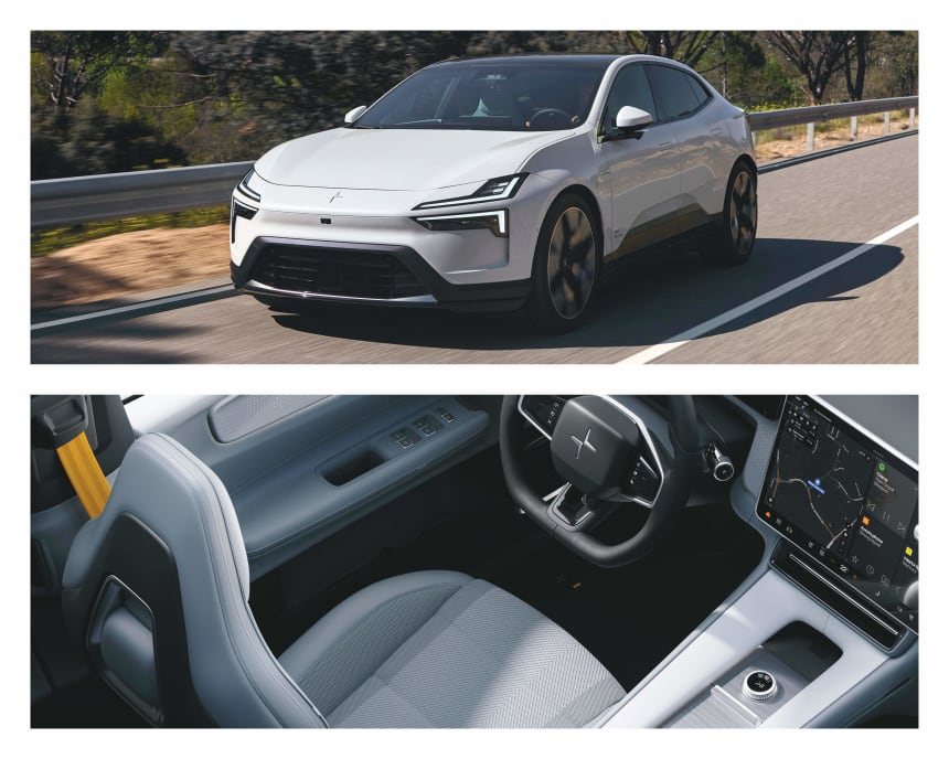 Polestar 4 electric SUV image as split screen. Top image features white vehcile on road. Bottom image features white interrior of SUV driver's side seat, dashboard and center console.