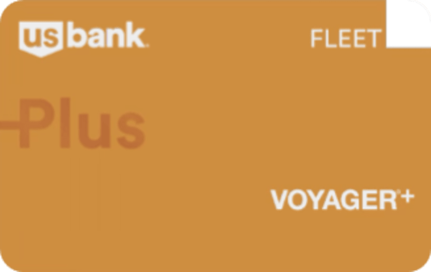 A gold-colored U.S. Bank Fleet Voyager Plus card featuring the U.S. Bank logo in white at the top left, the word “FLEET” in the top right corner, and “Plus” and “VOYAGER+” prominently displayed across the front.