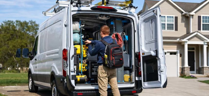 worker accessing the back of his work van