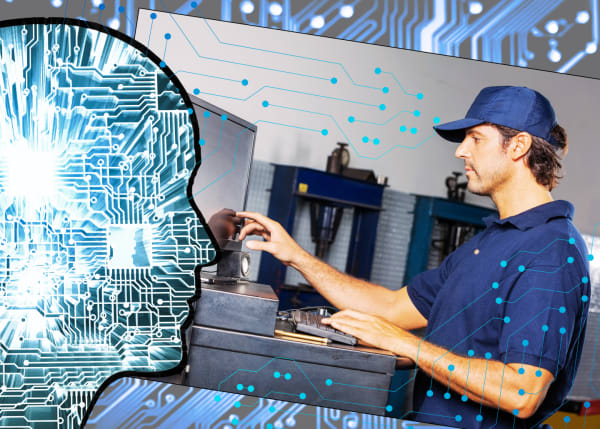 Conceptual Illustration of artificial intelligence in a truck maintenance shop