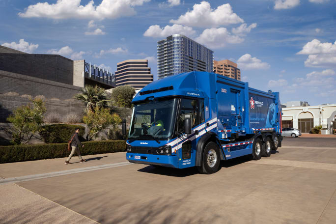 A front view of a blue Republic Services truck.