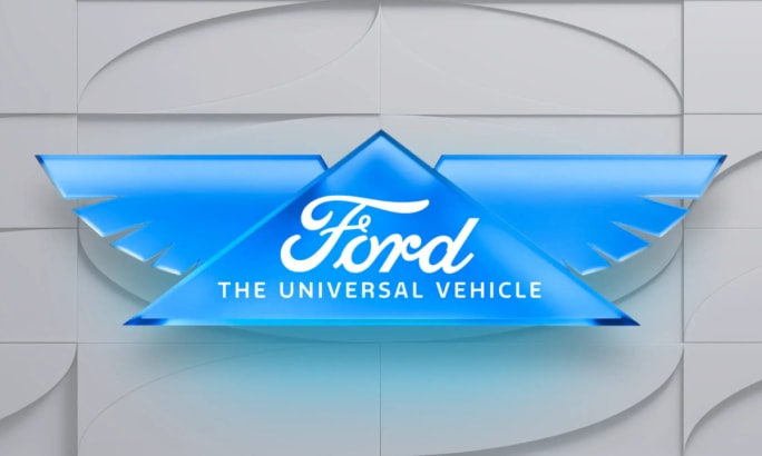 Ford logo with “The Universal Vehicle” text in blue, representing the company’s new EV platform strategy.