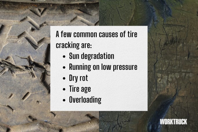 Cracked tires behind a chart that lists common causes of tire cracking.
