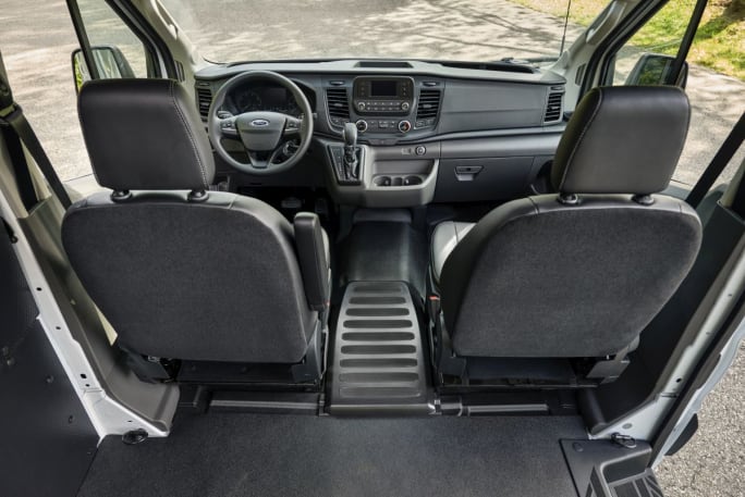 The interior seating for the Ford Transit van.