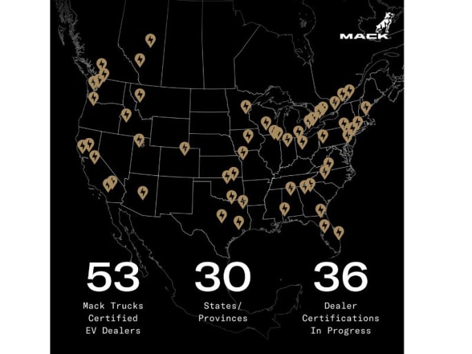 Map of the US and Canada showing the locations of Mack Certified EV dealers.