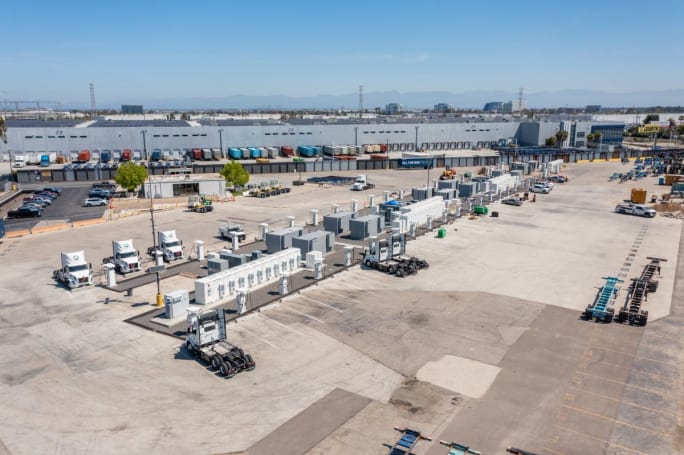 Aerial photo of heavy-duty EV charging depot in California.